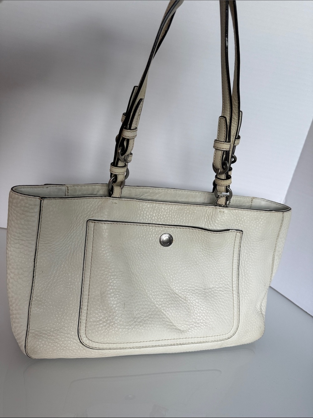 Coach Pebbled Leather Shoulder Tote in Off-White